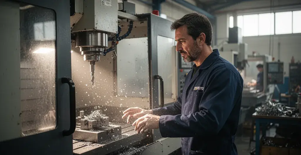 Opérateur travaillant sur machine-outil avec particules métalliques en suspension