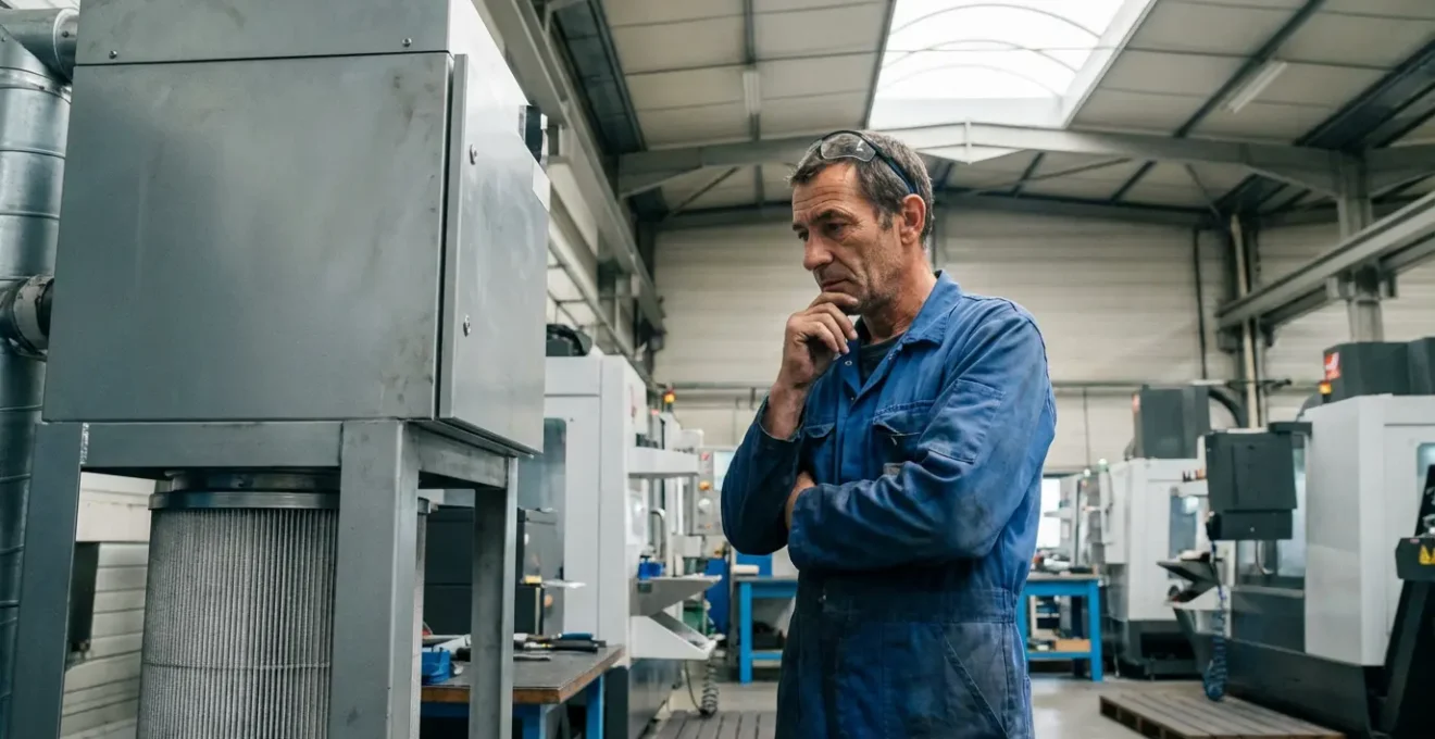 Technicien inspectant un système de filtration industriel dans un atelier d'usinage
