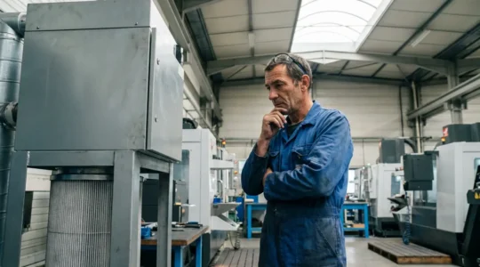 Technicien inspectant un système de filtration industriel dans un atelier d'usinage